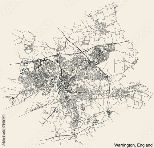 Detailed hand-drawn navigational urban street roads map of the United Kingdom city township of WARRINGTON, ENGLAND with vivid road lines and name tag on solid background