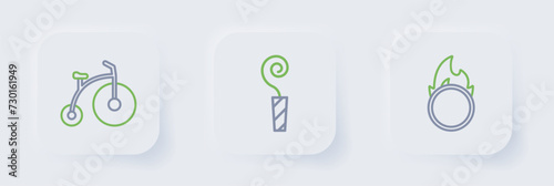 Set line Circus fire hoop, Birthday party horn and Vintage bicycle icon. Vector