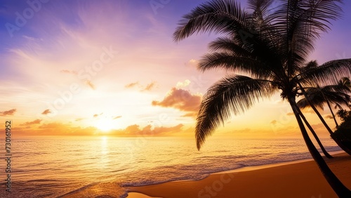 Sunset on the beach with palm trees.