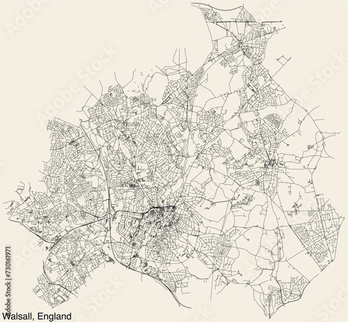 Detailed hand-drawn navigational urban street roads map of the United Kingdom city township of WALSALL, ENGLAND with vivid road lines and name tag on solid background