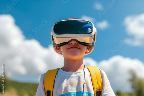 School boy in VR glasses outdoor 