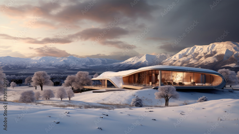 Large modern house with winter mountain landscape.