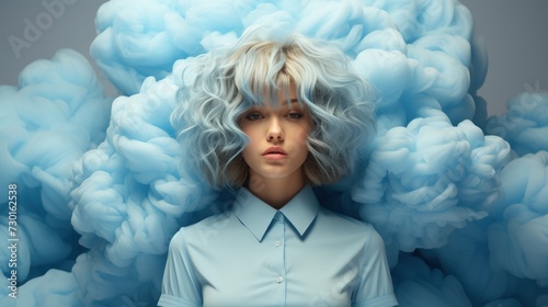 A woman with curly white hair blends into a backdrop of billowing blue clouds photo