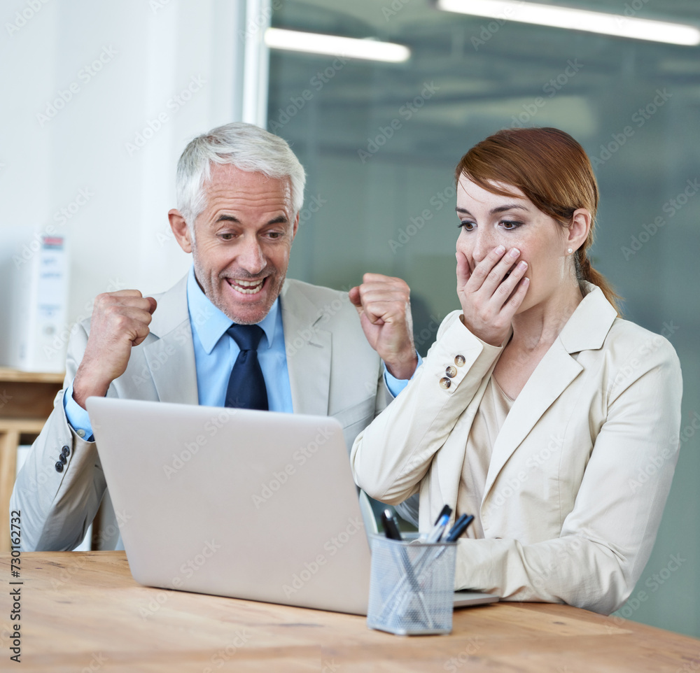 Success, surprise or business people with laptop for stock market goal, achievement or profit target online. Deal, meeting or excited traders winning a bonus prize on website for investment growth Success, surprise or business people with laptop for stock market goal, achievement or profit target online. Deal, meeting or excited traders winning a bonus prize on website for investment growth