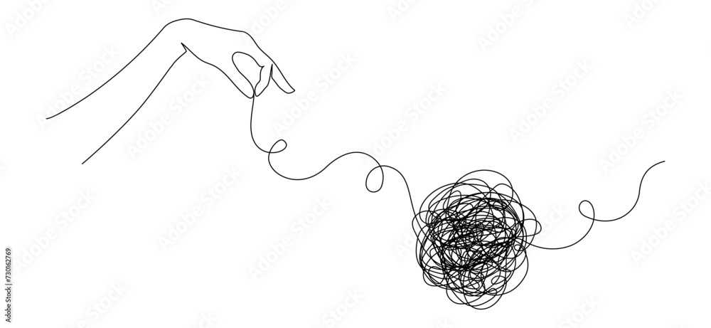 Continuous one line drawing of mental health concept with hand and tangled ball. Symbol of confused mind and problems and support to untangle knot in simple linear style. Doodle Vector illustration - obrazy, fototapety, plakaty 