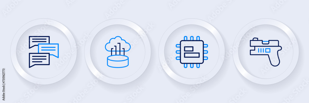 Set line Futuristic weapon, Processor CPU, Network cloud connection and Speech bubble chat icon. Vector