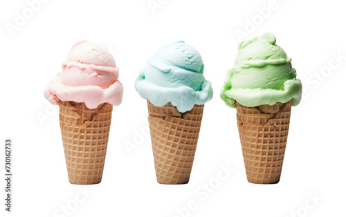 Ice cream scoops in green pink blue on cone Isolated on a Transparent Background PNG.