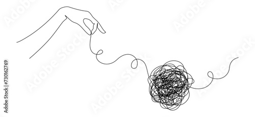 Continuous one line drawing of mental health concept with hand and tangled ball. Symbol of confused mind and problems and support to untangle knot in simple linear style. Doodle Vector illustration photo