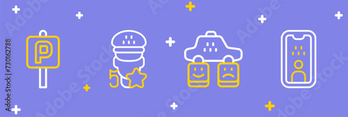 Set line Taxi driver license, service rating, and Parking icon. Vector