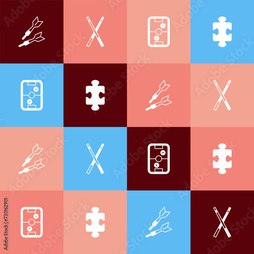Set pop art Dart arrow, Crossed billiard cues, Air hockey table and Puzzle pieces toy icon. Vector