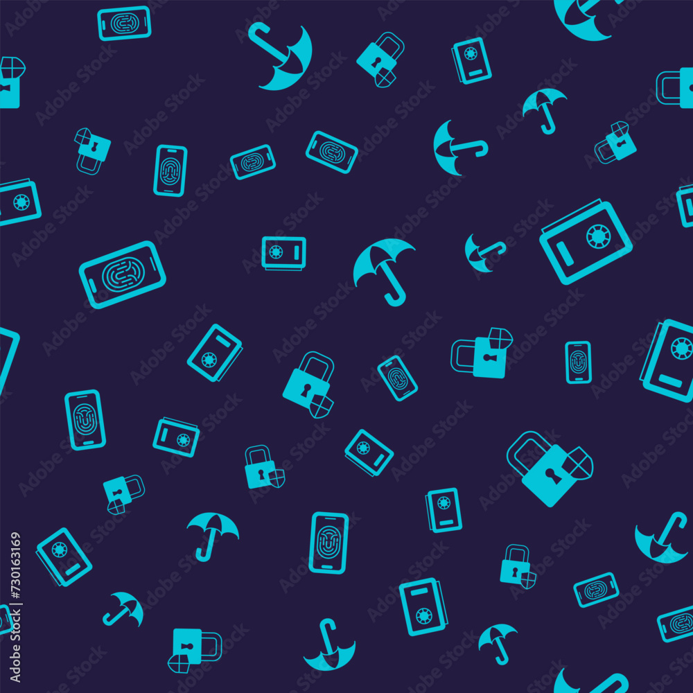 Set Mobile with fingerprint scanner, Safe, Umbrella and Shield security lock on seamless pattern. Vector Set Mobile with fingerprint scanner, Safe, Umbrella and Shield security lock on seamless pattern. Vector