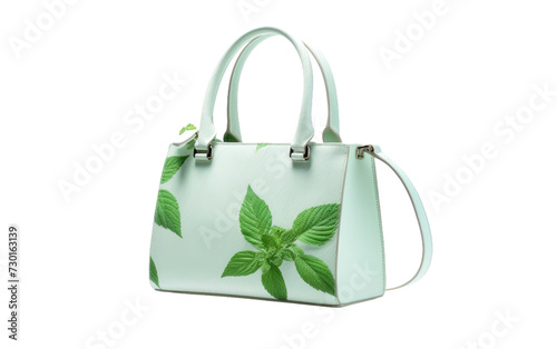 Chic Handbag with Mint Leaf Pattern Isolated on a Transparent Background PNG.
