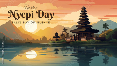Translation : Happy Bali's Day of Silence and Hindu New Year Illustration, Nyepi Day and Hari Raya Saka, Hindu Ceremony photo