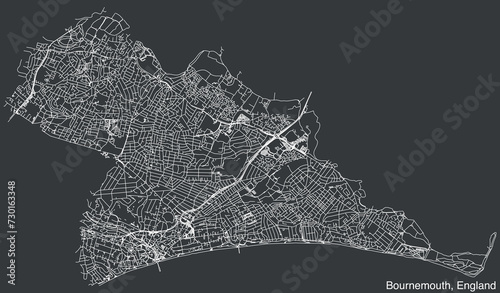 Detailed hand-drawn navigational urban street roads map of the United Kingdom city township of BOURNEMOUTH, ENGLAND with vivid road lines and name tag on solid background