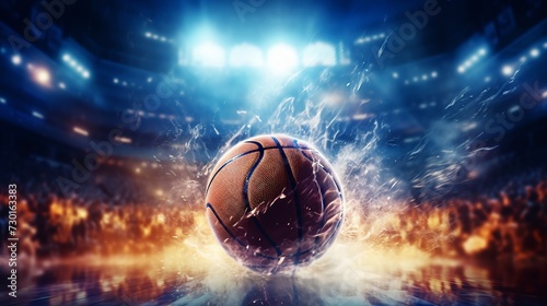 Basketball frozen mid-score against a backdrop of dynamic stadium lights © PRI