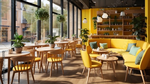 cozy cafe setting with circular tables and yellow chairs, inviting morning ambiance