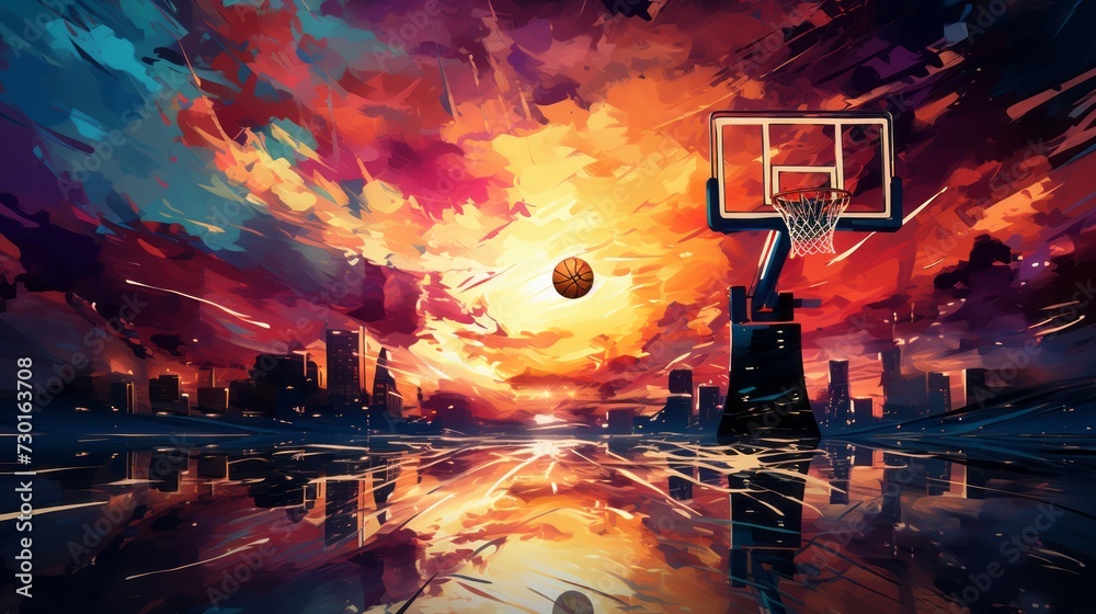 an evening basketball game with a vibrant hoop - obrazy, fototapety, plakaty 