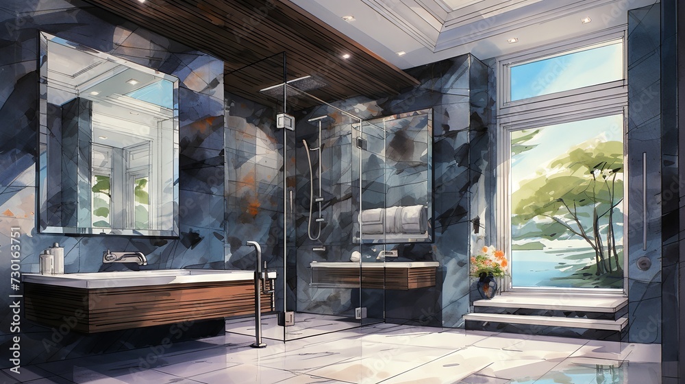 contemporary bathroom, blending watercolor marble patterns with a serene ambiance