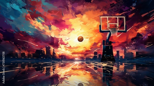 an evening basketball game with a vibrant hoop photo