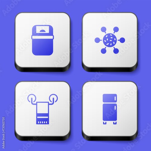 Set Trash can, Bacteria, Towel on hanger and Refrigerator icon. White square button. Vector