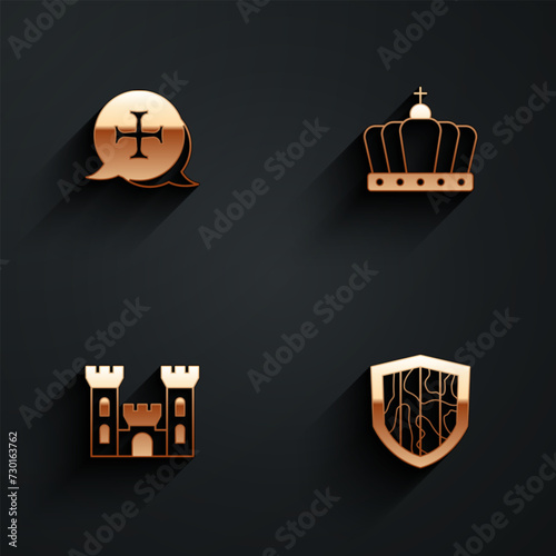 Set Crusade, King crown, Castle and Shield icon with long shadow. Vector