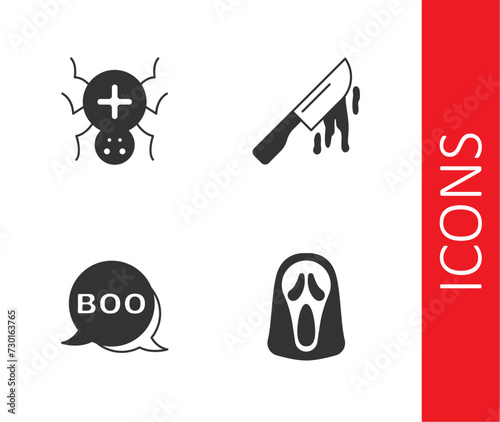 Set Funny and scary ghost mask, Spider, Boo speech bubble and Bloody knife icon. Vector