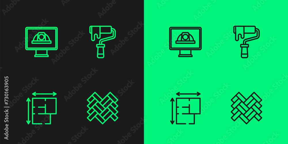 Set line Parquet, House plan, Worker safety helmet and Paint roller brush icon. Vector Set line Parquet, House plan, Worker safety helmet and Paint roller brush icon. Vector
