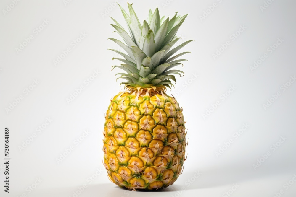 Ripe Pineapple Fruit. Sweet and Juicy Tropical Yellow Pineapple with Leaf Isolated on Green Ripe Pineapple Fruit. Sweet and Juicy Tropical Yellow Pineapple with Leaf Isolated on Green