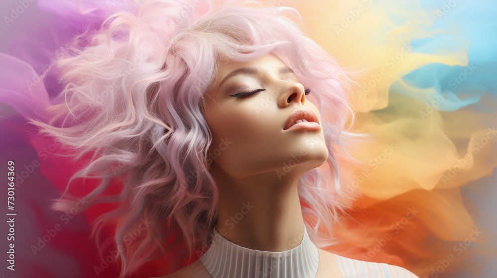 A person with pastel pink hair is surrounded by a colorful, abstract cloud-like background