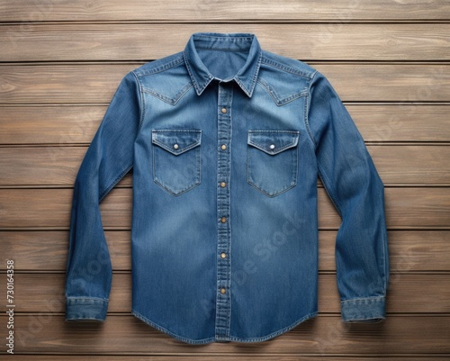 Denim Shirt Top View Isolated on White Background. Clothing Textile in Casual Style with Blue Jean