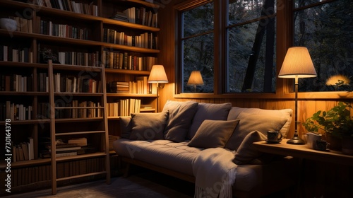 serene library aisle, warm wooden shelves, soft ambient lighting, and a cozy reading nook
