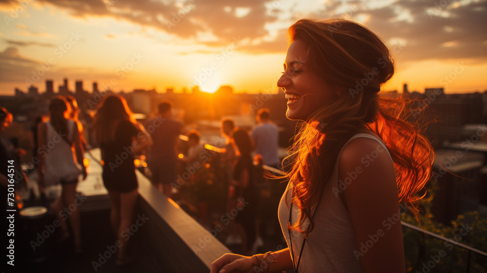 Young woman smiling on a rooftop with a city view at sunset