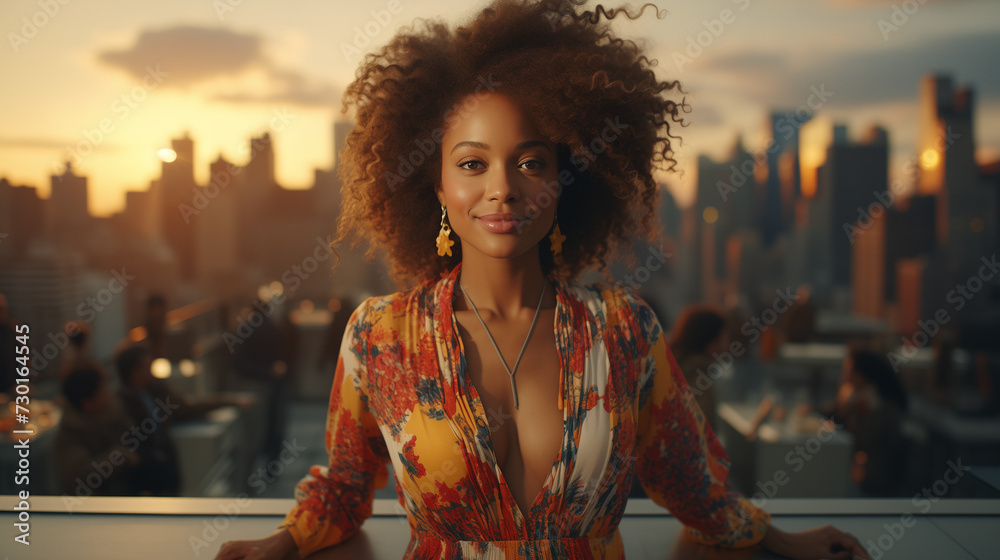Beautiful young black woman smiling on a rooftop with a city view