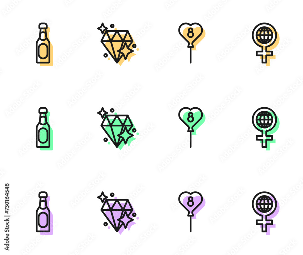 Set line Balloons with 8 March, Champagne bottle, Diamond and International Women Day icon. Vector Set line Balloons with 8 March, Champagne bottle, Diamond and International Women Day icon. Vector