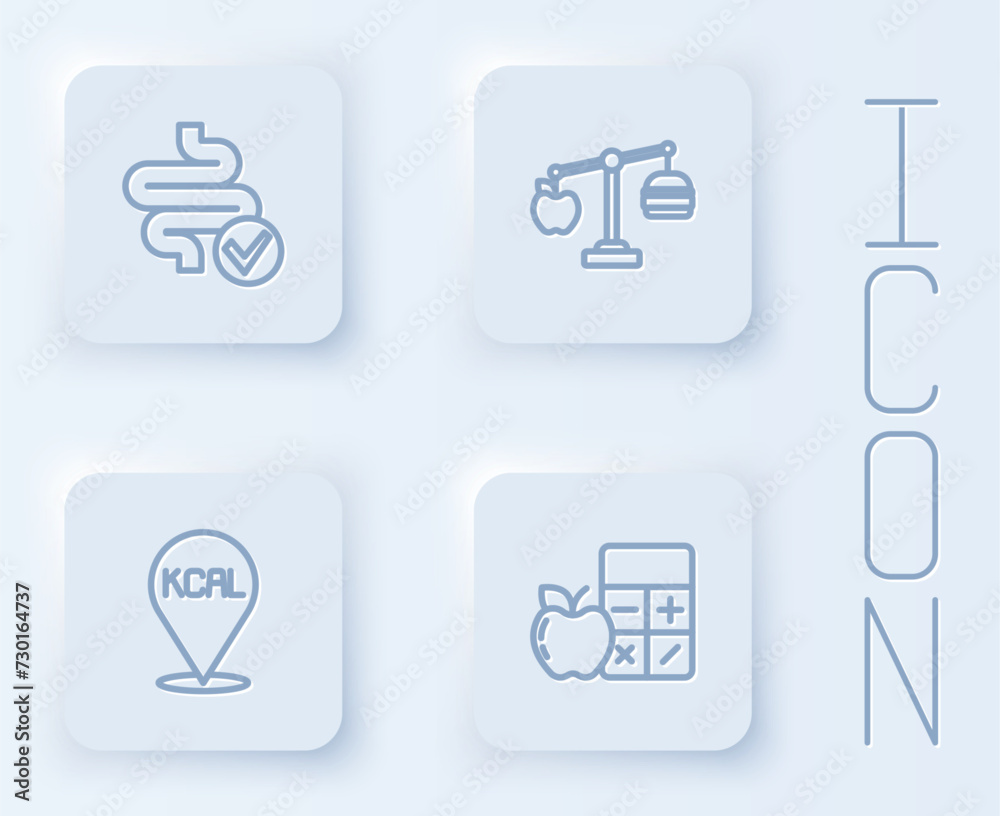 Set line Intestines, Calorie calculator, Kcal and . White square button. Vector Set line Intestines, Calorie calculator, Kcal and . White square button. Vector