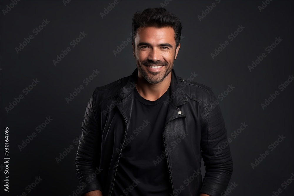 Portrait of a handsome young man smiling at the camera while wearing a leather jacket. Portrait of a handsome young man smiling at the camera while wearing a leather jacket.