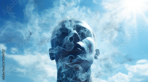 A conceptual image of a human head with misty smoke swirling around it against a blue sky and sunlight