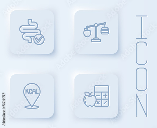 Set line Intestines, Calorie calculator, Kcal and . White square button. Vector