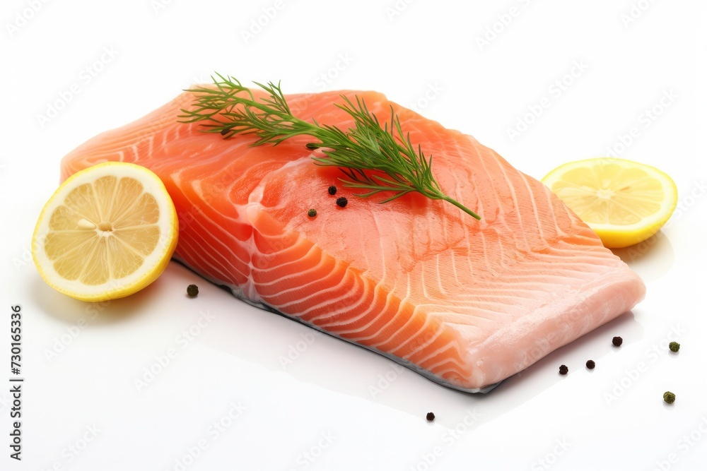 Fresh fillet of salmon, trout, red fish with slice of lemon, rosemary, black pepper on white background. Healthy food, source of omega 3, object for design and advertising Fresh fillet of salmon, trout, red fish with slice of lemon, rosemary, black pepper on white background. Healthy food, source of omega 3, object for design and advertising