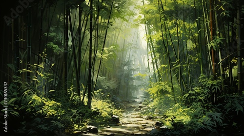 lush bamboo forest  the play of light and shadow creating a natural mosaic