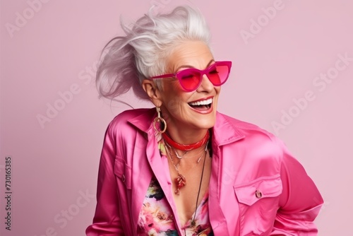 Portrait of a happy senior woman in pink jacket and sunglasses. © Iigo