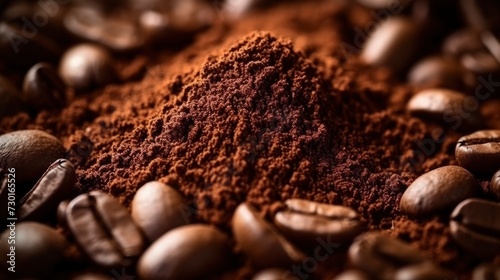 Texture of ground coffee. Coffee background. Roasted ground coffee and beans close-up top view. Ingredient for making cappuccino, latte, americano, espresso photo