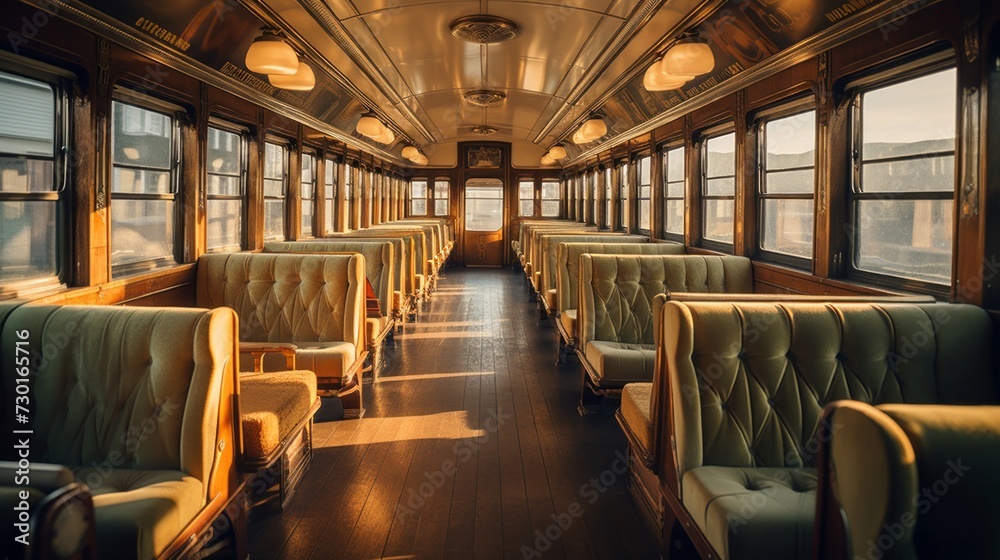 Vintage train compartment, brass fixtures, soft daylight through windows, travel nostalgia