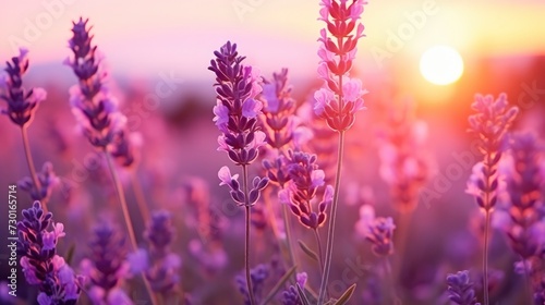 Blooming purple lavender in field at sunset close-up. Beautiful natural background. Lavender sprigs, fragrant flowers, ingredient for making perfumes and cosmetics. Aromatherapy