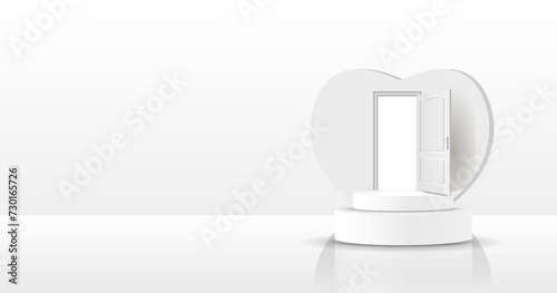 The interior of an empty room with a white open door. A set of three 3D images in pastel colors. Product demonstration on the podium. Vector image, banner.
