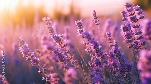 Blooming purple lavender in field at sunset close-up. Beautiful natural background. Lavender sprigs  fragrant flowers  ingredient for making perfumes and cosmetics. Aromatherapy