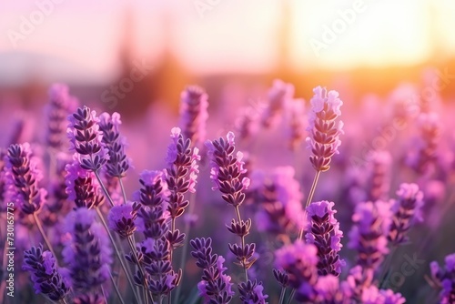 Blooming purple lavender in field at sunset close-up. Beautiful natural background. Lavender sprigs  fragrant flowers  ingredient for making perfumes and cosmetics. Aromatherapy