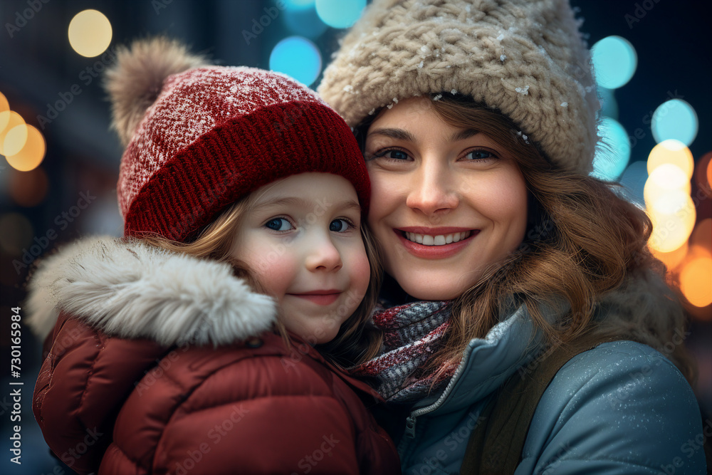 Fototapeta premium Family day in winter fair land magic lights happy time holidays Generative AI composition