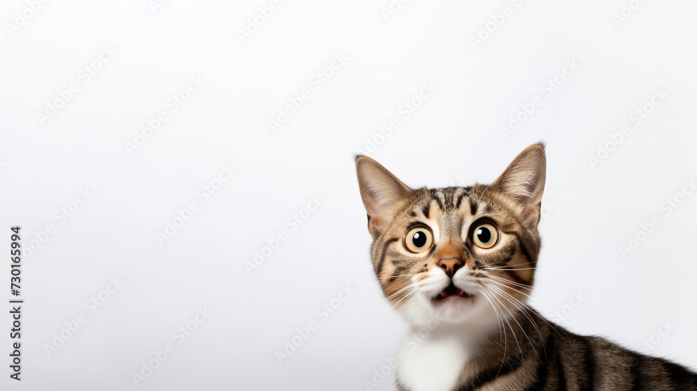 Portrait of a surprised or shocked cat on a white background. Advertising banner layout for a pet store or veterinary clinic.