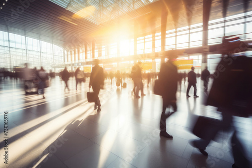 Abstract blurred airport background. Silhouettes of walking people with suitcases at the airport or at the station in sunset sunlight. Concept of travel, flights, airport terminal, motion effect